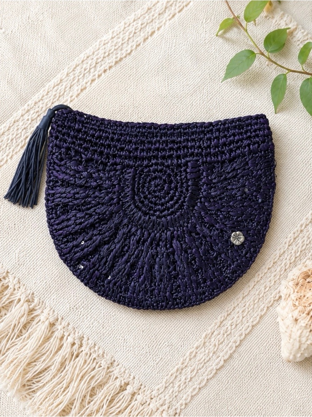 Flora Bella Raffia Clutch Bag Purple Half Circle Full Zip Tassel Travel Vacation